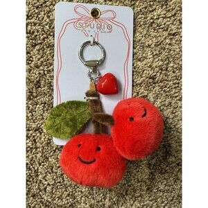 Studio Plush Cherry Key Chain with Heart Charm and Smiling Faces Cute Style